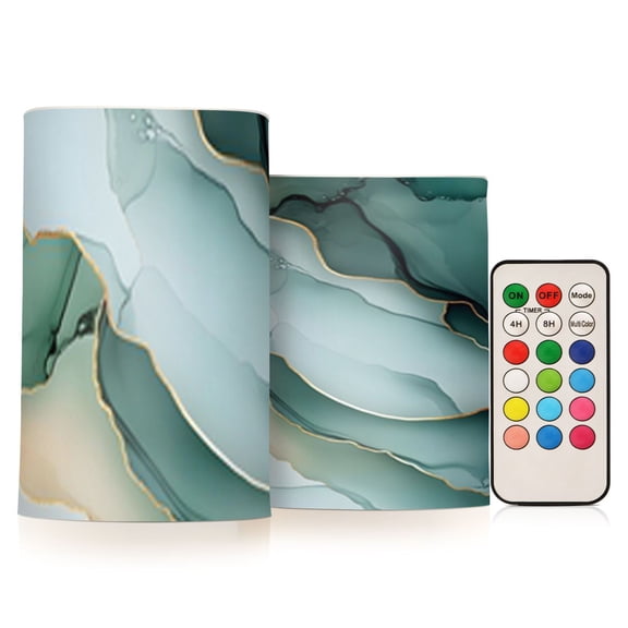 Green and Gold Abstract Flickering Flameless Candles Battery Operated with Remote Timer LED Pillar Candles Set of 2