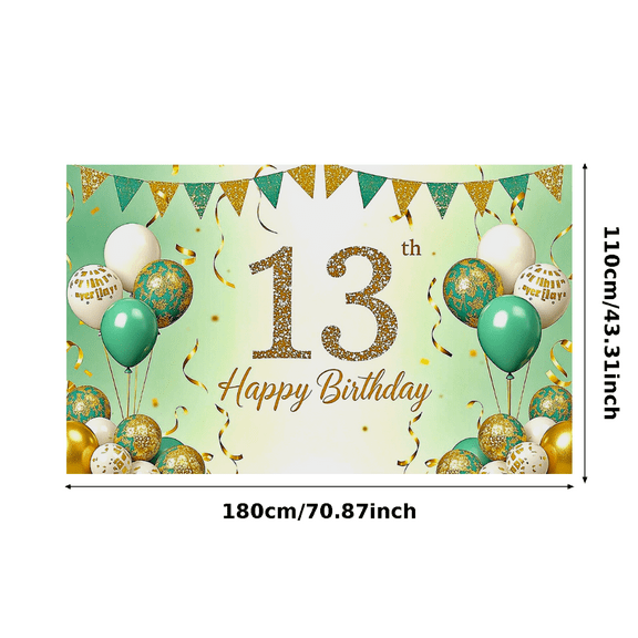 Green and Gold Glittery 13th Birthday Banner with Balloon Decorations Backdrop Party Supplies Photography Props Happy Birthday Party Decorations