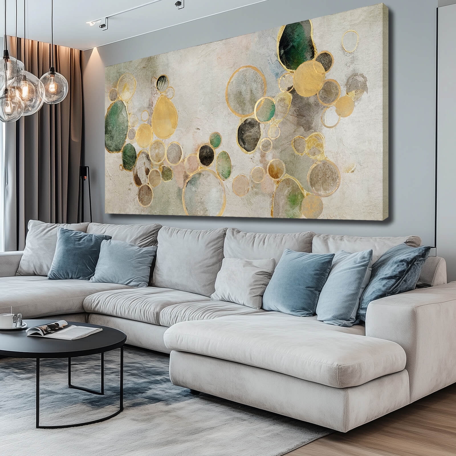 Green and Gold Home Decor Line Canvas Paintings Large Modern Wall Art 29"x58" Artwork for Living Room Pictures for Dining Room Wall