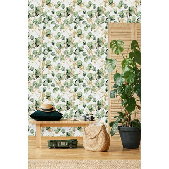 Green and Gold Leaves Wallpaper Peel-and-Stick - 25"W x 225"H