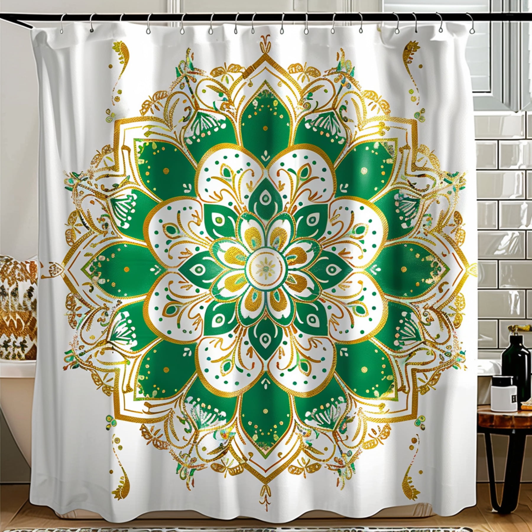Green and Gold Mandala Art Shower Curtain Boho Indian Design Nature