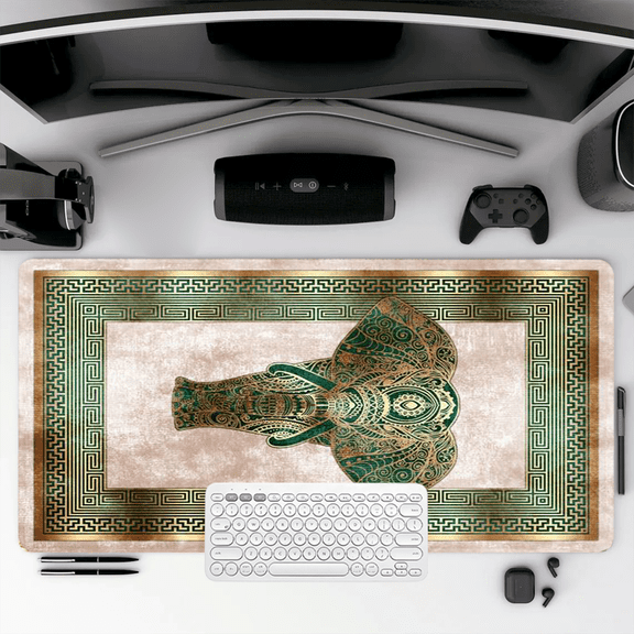 Green and Gold Mandala Elephant Mouse Pad 35.4 x 15.8 Inches Rubber Desk Mat for Office and Home Use