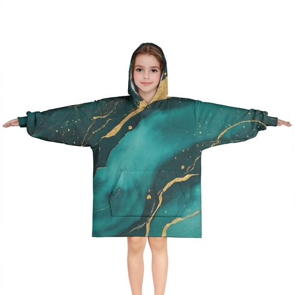 Green and Gold Marble Glitter Waves Pattern Blanket Hoodies for Kids 6-13YR Oversize Wearable Blanket Hoodies for Boys Girls Teens