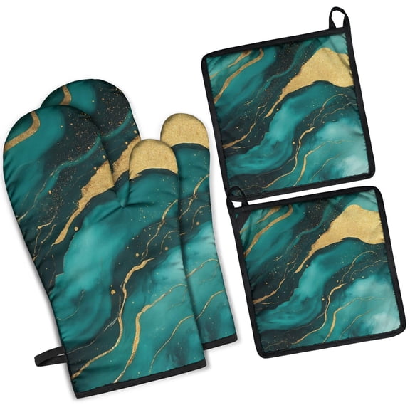 Green and Gold Marble Glitter Waves Pattern Kitchen Oven Mitt and Pot Holder Sets 2 Pcs for Baking, Cooking and Grilling, Heat Resistant Up To 392 °F