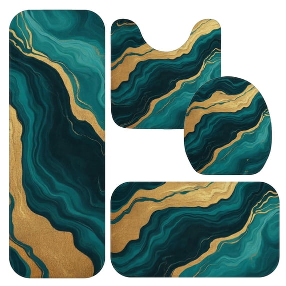 Green and Gold Marble Pattern Bathroom Rug Set 4 Piece,Includes Contour,Lid Cover,Bath Mat,Non-Slip Extra Soft Absorbent Washable