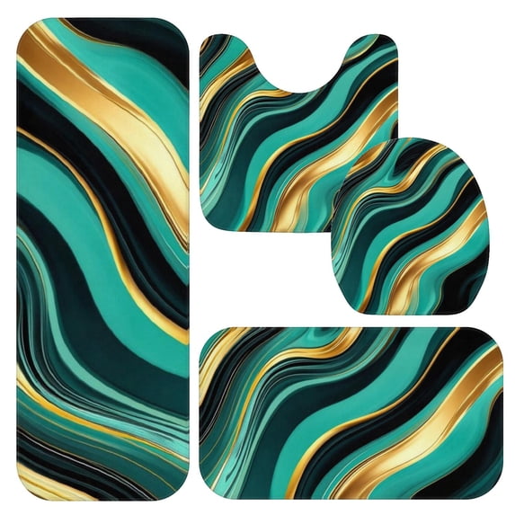 Green and Gold Marble Pattern Bathroom Rug Set 4 Piece,Includes Contour,Lid Cover,Bath Mat,Non-Slip Extra Soft Absorbent Washable