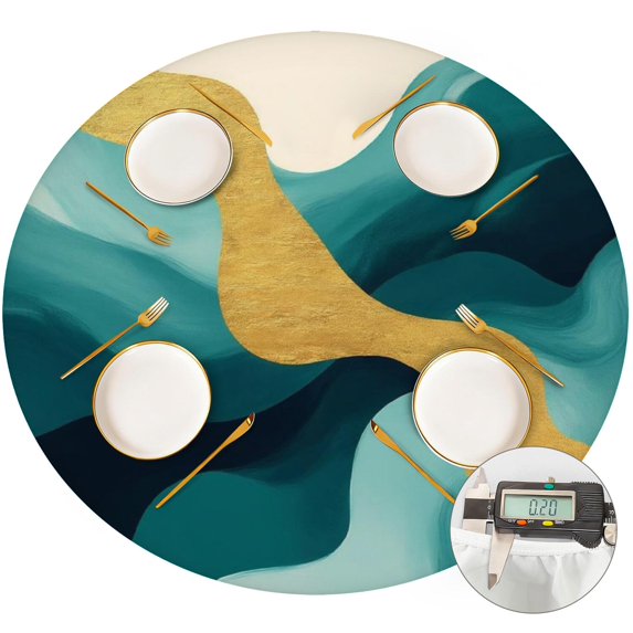 Green and Gold Marble Pattern Round Fitted Tablecloth with Elastic Edge, Waterproof Dining Table Cover for Indoor Outdoor Camping and Daily Use