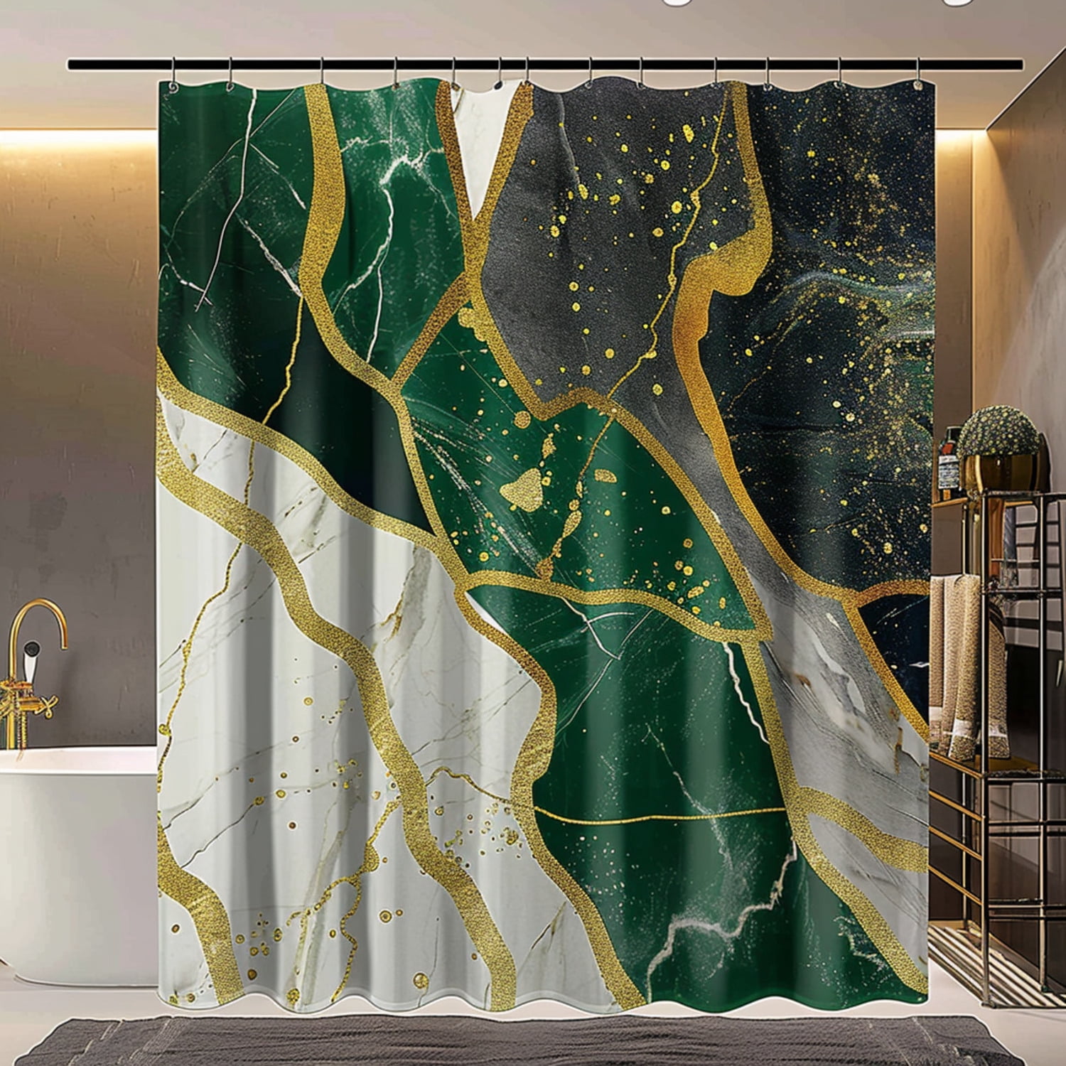 Green and Gold Marble Print Shower Curtain with Elegant Golden Lines on ...