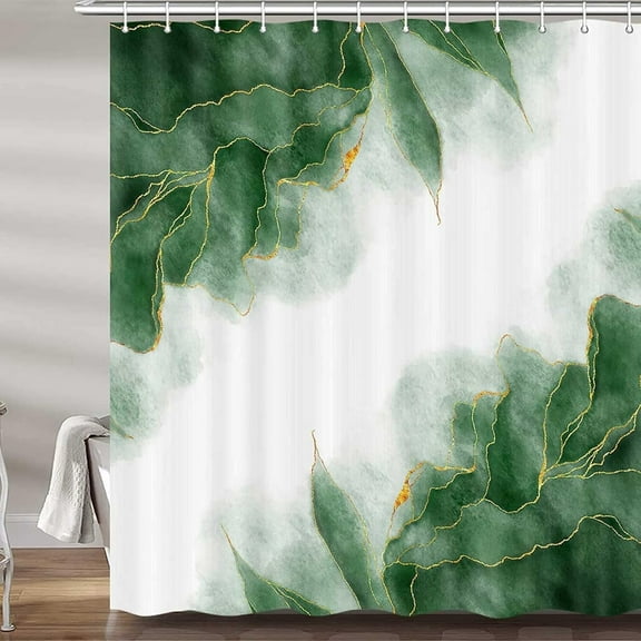 Bevtee Green and Gold Marble Shower Curtain, Dark Emerald Sage Hunter Olive Green Fabric Bath Curtain, Modern Restroom Decor with Hooks, 72x72