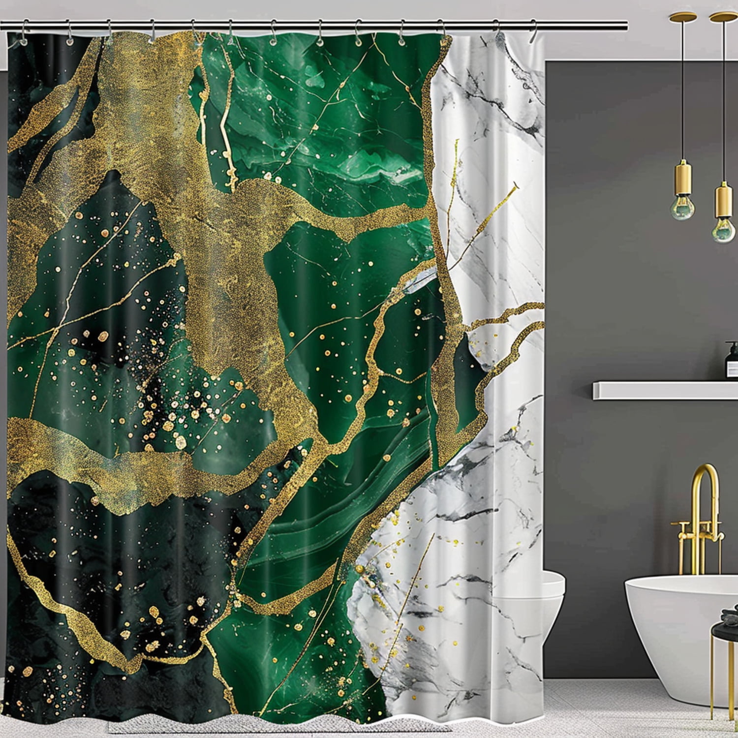 Green and Gold Marble Shower Curtain with Elegant Golden Lines on Dark