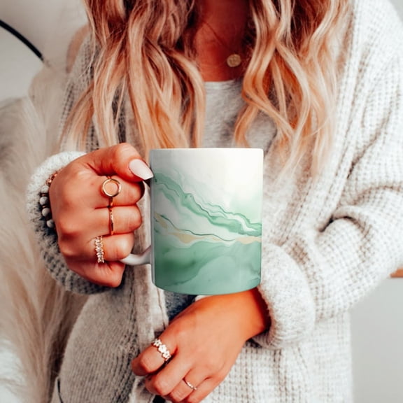 Green and Gold Marbled Ceramic Mug, Green Marble Agate Pattern Coffee Cup, Modern Green Gold Tea Cup, Pretty Abstract Mug Gift.