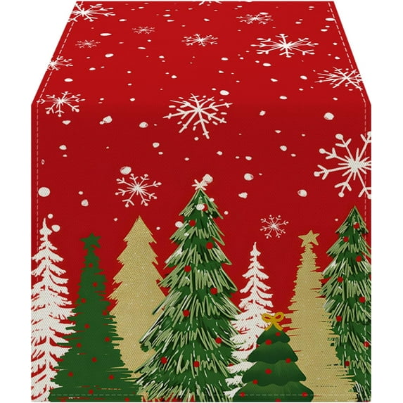 Green and Gold Xmas Trees Merry Christmas Red Table Runner 13x72 Inches, Seasonal Winter Kitchen Dining Table Decoration for Home Party Xmas Decor