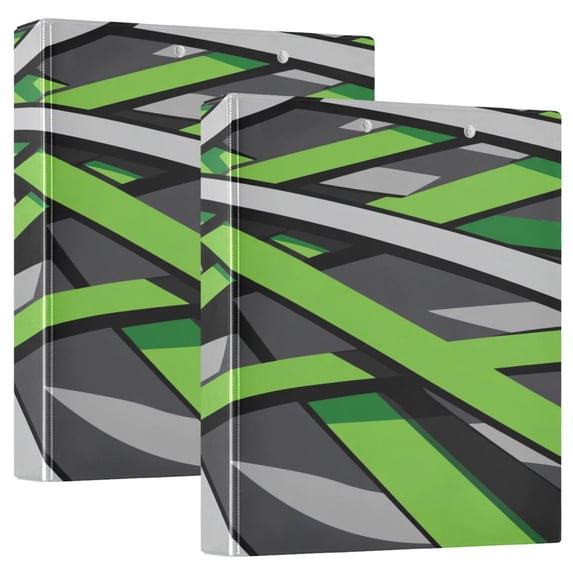 Green and Gray Abstract Design 12.4x10.6in PVC Round Ring Binders, 2-Pack, D-Ring 3-Hole, Metal Clip