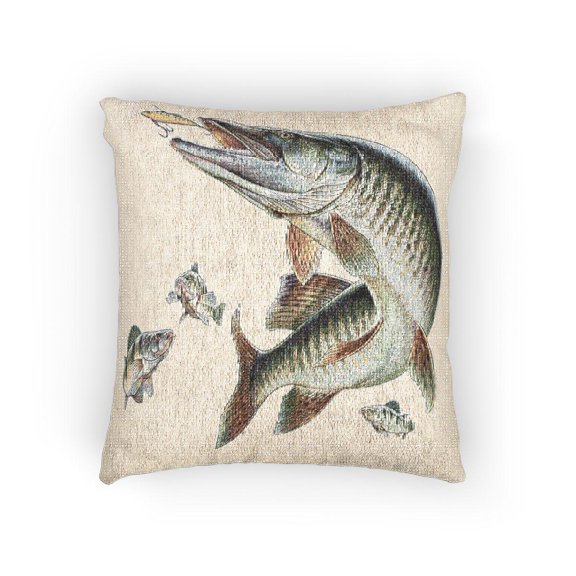 Green and Gray Freshwater Game Fish with Fishing Lure Decorative Woven Pillow, Cotton-Polyester Shell