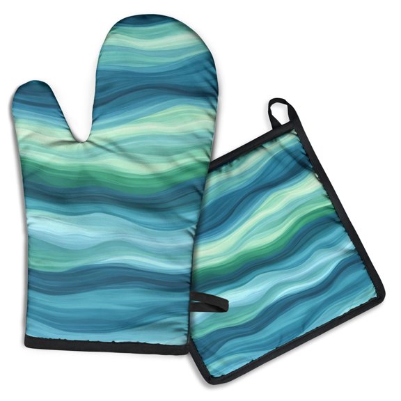 Green and Grey Abstract Art Artwork Kitchen Oven Mitt and Pot Holder Sets 2 Pcs for Baking, Cooking and Grilling, Heat Resistant Up To 392 °F