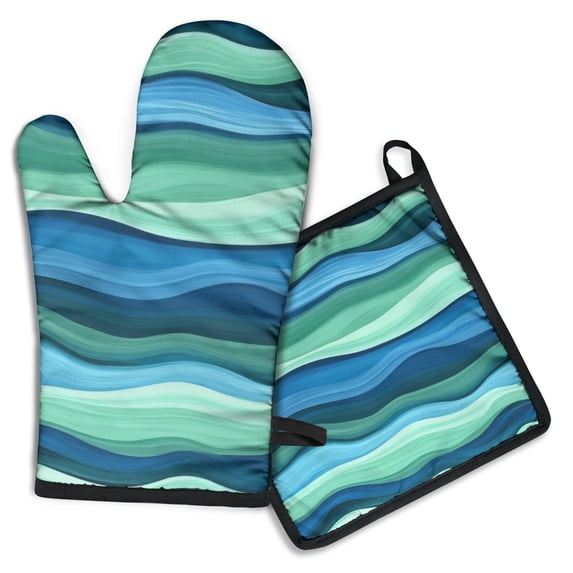 Green and Grey Abstract Art Artwork Kitchen Oven Mitt and Pot Holder Sets 2 Pcs for Baking, Cooking and Grilling, Heat Resistant Up To 392 °F