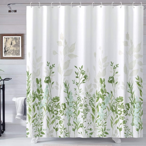 Green and Grey Shower Curtain, Watercolor Floral Bathroom Curtain Teal and White Shower Curtains 72×72 inches