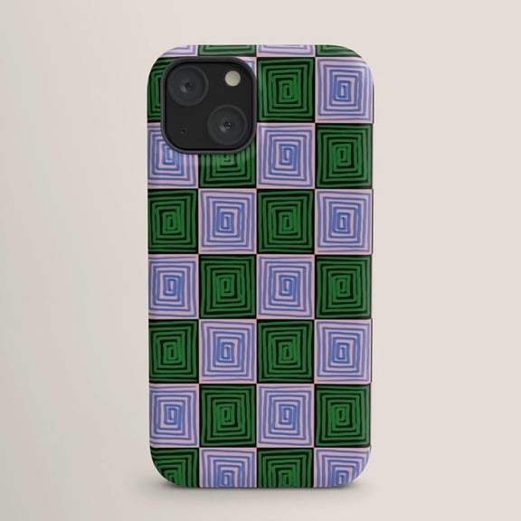Green and Lavender Checkerboard Spiral Squares Tough Case for Apple iPhone, Dual-Layer Polycarbonate and TPU