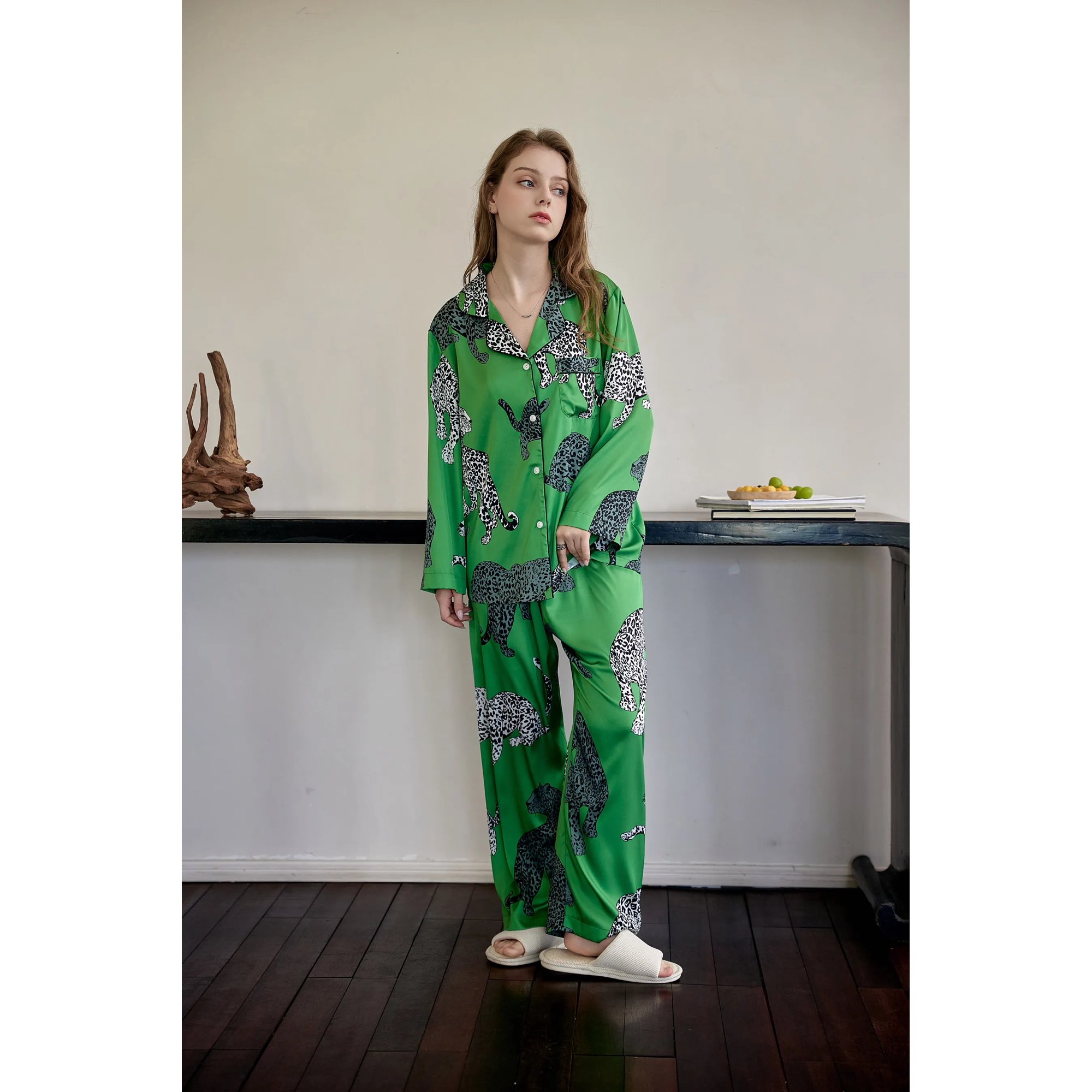 Green and Leopard Satin Pajamas