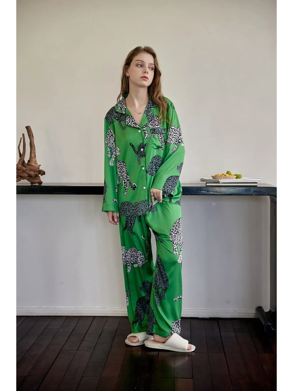 Green and Leopard Satin Pajamas