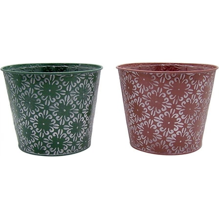 Green and Metal Bucket Planters, Garden Décor, Set of 2, 7 Inches