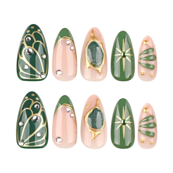 Green and Nude Pink Geometric Leaf Abstract Press on Nails, Medium Almond Glossy False Nails with Rhinestone and Gold Line Accents, 24 Count