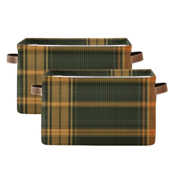 Green and Orange Plaids Square Storage Bins with Handles Collapsible Containing Box 2 Packs