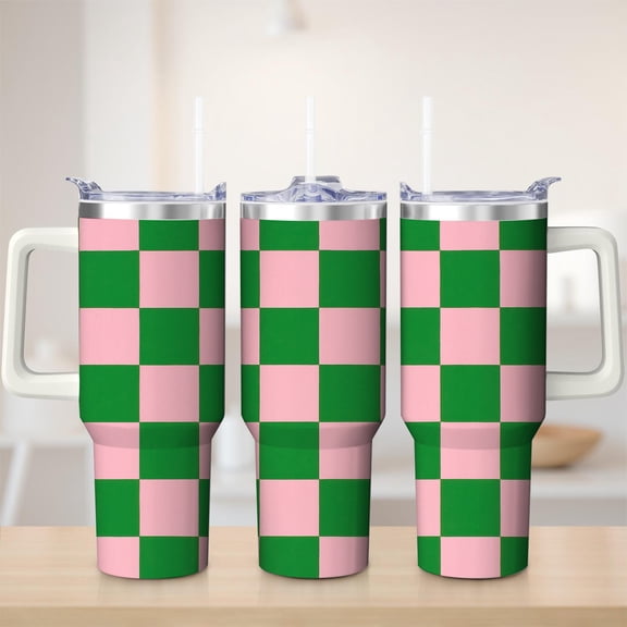 Green and Pink Checkerboard Stainless Steel Insulated Mug with Lid and Handle, 40oz