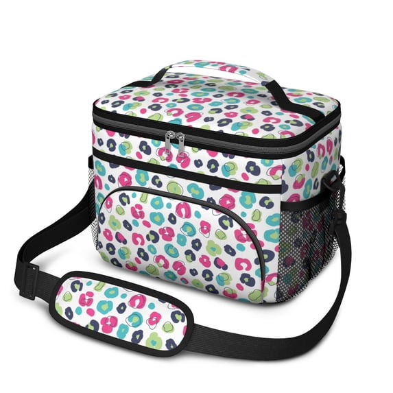 Green and Pink Leopard Print Insulated Lunch Box for Women Men, Medium Leakproof Cooler Bag with Adjustable Strap, 10"x6.7"x8"