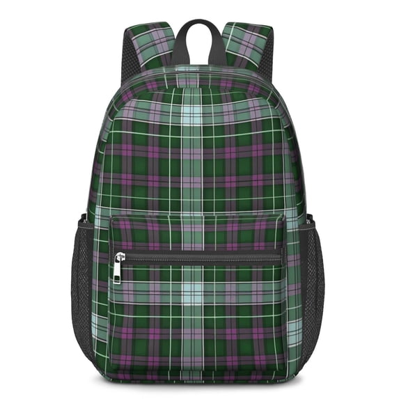 Green and Purple Checkered Pattern 17" School Backpacks for Teens,Waterproof Oxford Fabric,S-Shape Padded Straps for School,Travel,Hiking,Camping