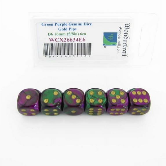 Green and Purple Gemini Dice with Gold Pips D6 16mm (5/8in) Pack of 6 Wondertrail