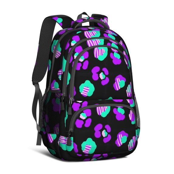 Green and Purple Leopard Print Backpack for School, Cute School Bag with Adjustable Shoulder Straps and Padded Back, 16.9"x12.6"x5.9"