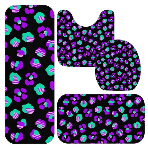 Green and Purple Leopard Print Bathroom Rug Set 4 Piece,Includes Contour,Lid Cover,Bath Mat,Non-Slip Extra Soft Absorbent Washable
