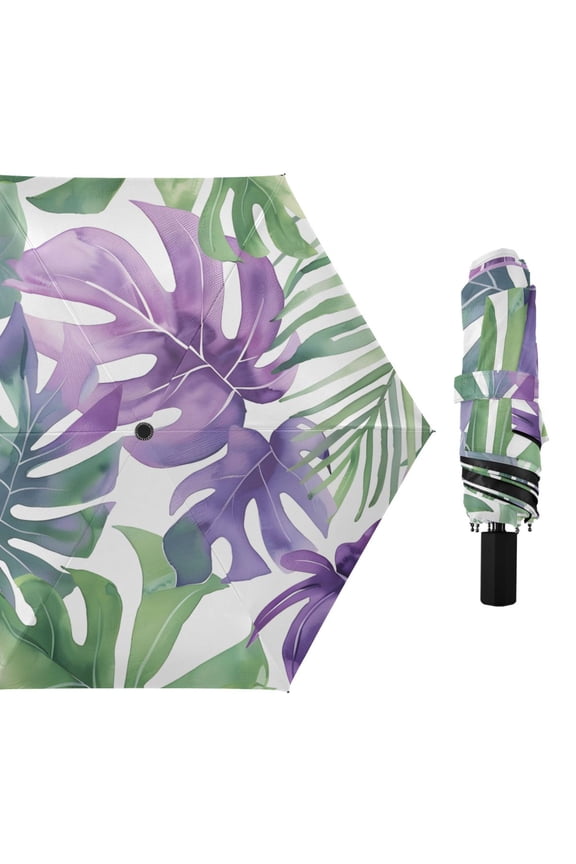Green and Purple Palm Leaves All Weather Umbrella Triple Folding Parasol 6 Ribs UV Protection Portable
