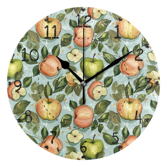 Green and Red Apple Round Wall Clock Silent Battery Operated Home Decor for Living Room Bedroom