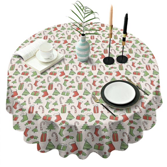 Green and Red Christmas Pattern Round Tablecloth 60"x60",Wrinkle Wipeable Table Cloth for Kitchen Dining Room Picnic Patio Party