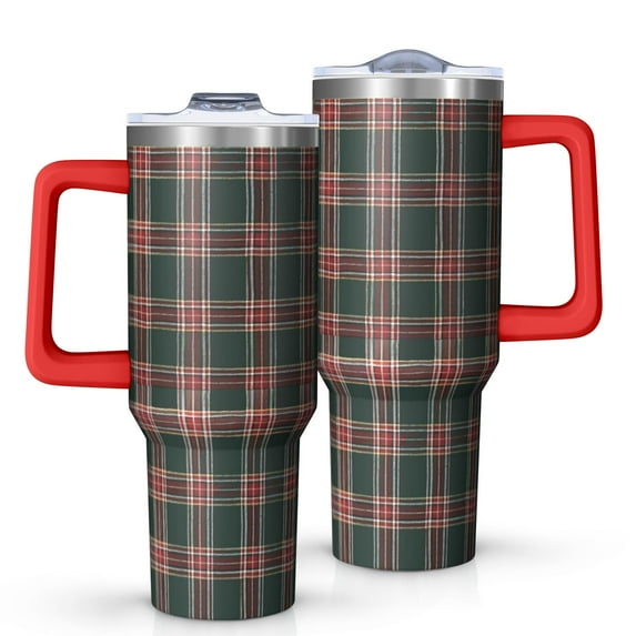 Green and Red Christmas Plaid Pattern Tumbler with Handle and Lid,40oz Double Wall Vacuum Insulated Tumbler,Cups Gift for Women and Men