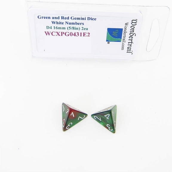 Green and Red Gemini Dice with White Numbers D4 Aprox 16mm (5/8in) Pack of 2 Wondertrail