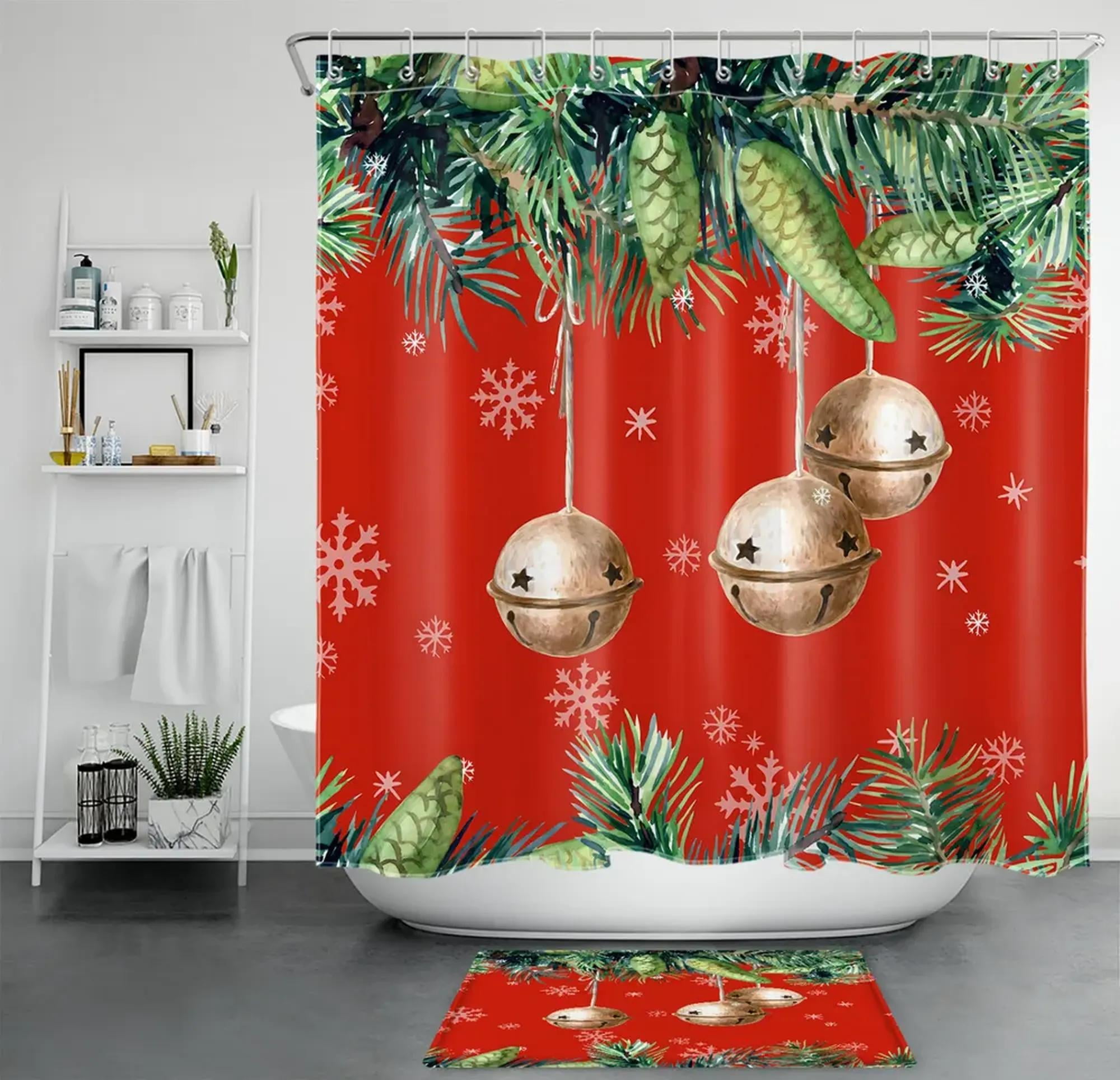 Green and Red Snowflake Shower Curtain Set for Festive Bathroom Decor