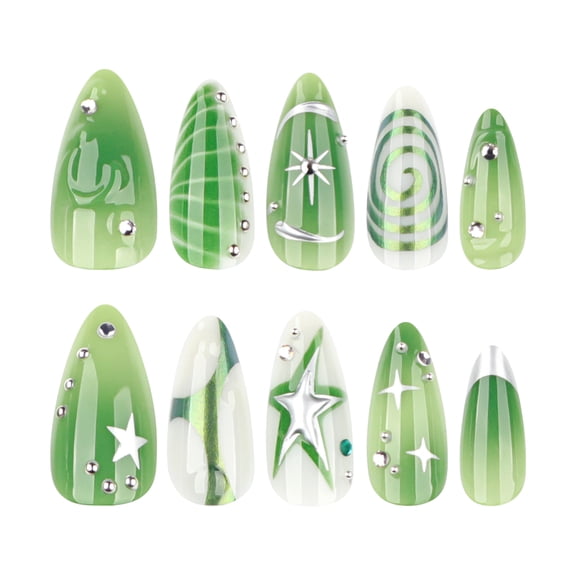 Green and Silver Short Almond Press on Nails, Ombre, Star, and Striped Glossy Fake Nails with Rhinestone Accents, Self-Adhesive, 10 Count