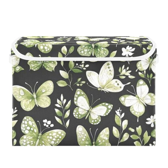 Green and White Butterflies Large Storage Bins with Linen Collapsible Lid Storage Box 16.7 x 12.6 x 11.8in