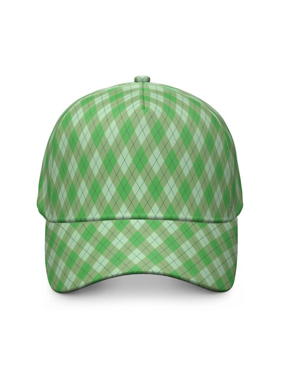 Green and White Checkered Pattern Baseball Cap, Casual Daily Hat with Snap Closure & Sweatband, Polyester Construction Gifts for Unisex Men Women