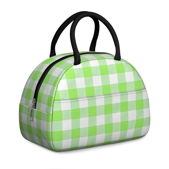 Green and White Checkered Pattern Insulated Lunch Bag,Leakproof Large Capacity Lunch Box for Work,Picnic or Travel,11.4 X 6.7 X 8.3 Inches