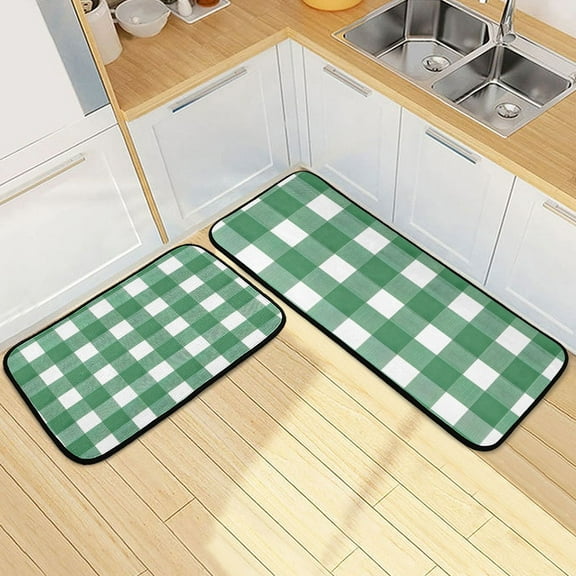 Green and White Checkered Pattern Kitchen Rugs Set Non Slip Mats Runner for Dining Room