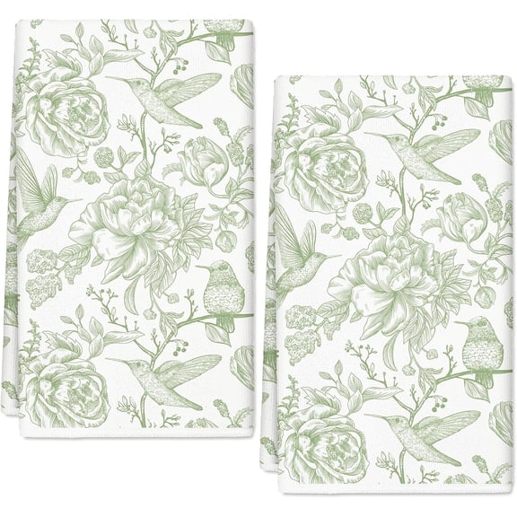 Green and White Floral Kitchen Towel with Birds Pattern 18 x 28 Inch Dish Towel Set of 2