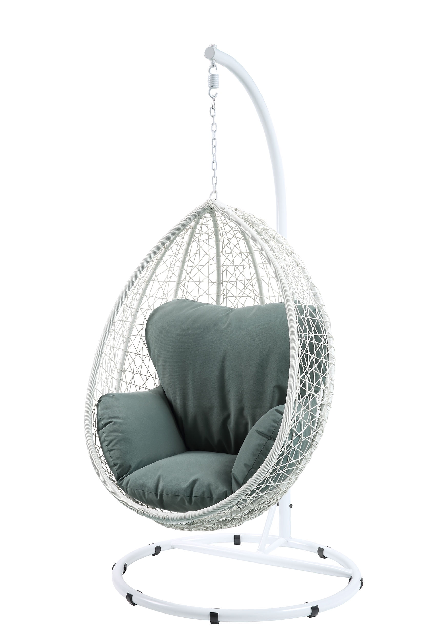 Green and White Wicker Hanging Chair with Cushions