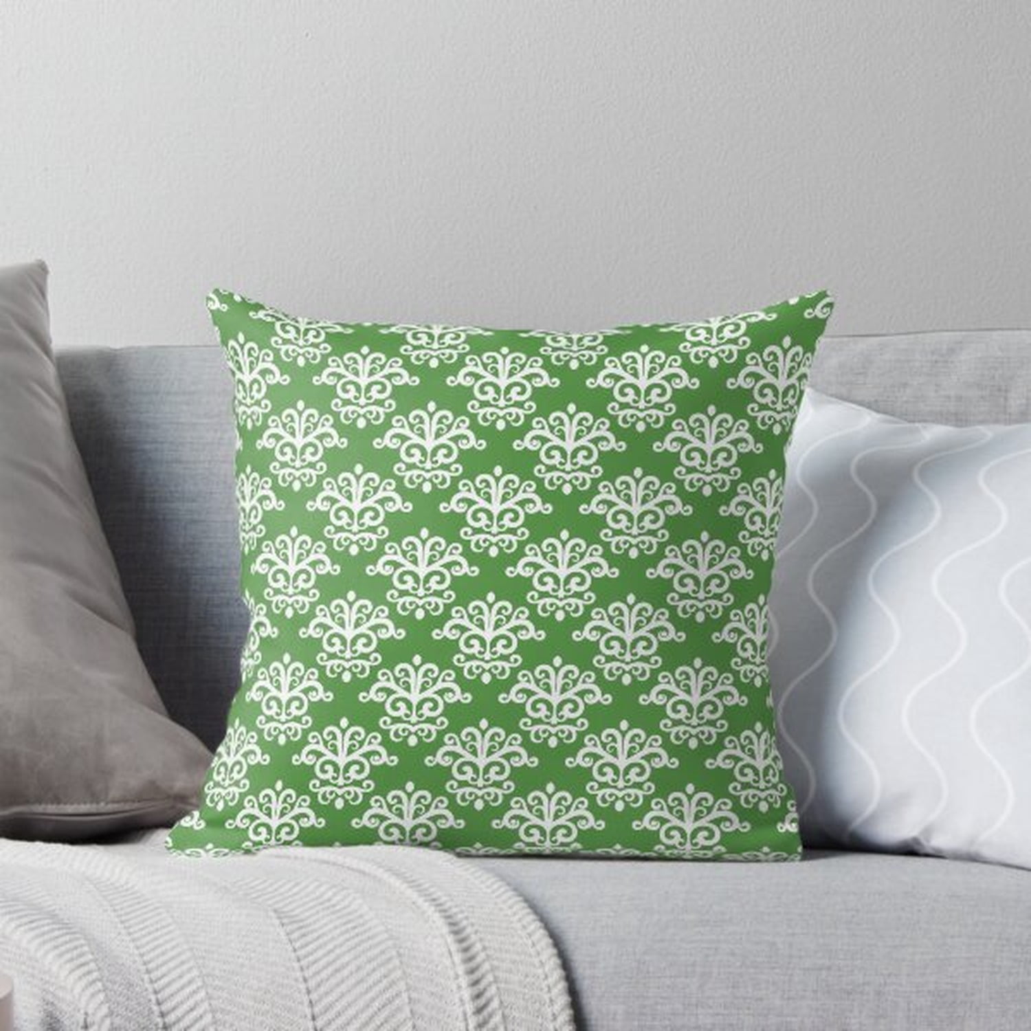 Tech Repeat Pattern Green and White Ornamental Flourish Square Pillow Case, 100% Polyester ...