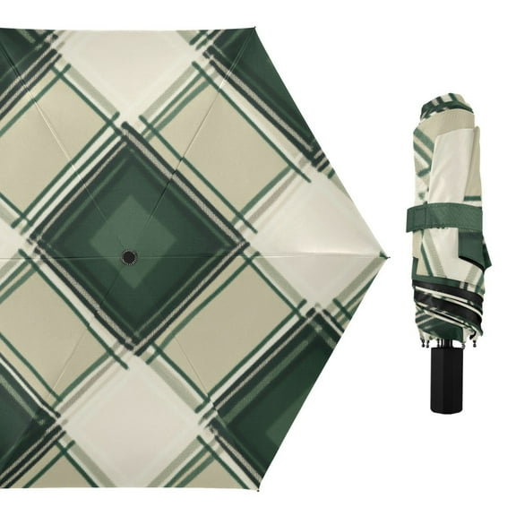 Green and White Plaid Fabric All Weather Umbrella Triple Folding Parasol 6 Ribs UV Protection Portable