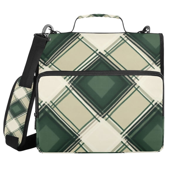 Green and White Plaid Fabric Binder Bag with Shoulder Strap 3 Ring Zipper Binder File Folder Document Storage