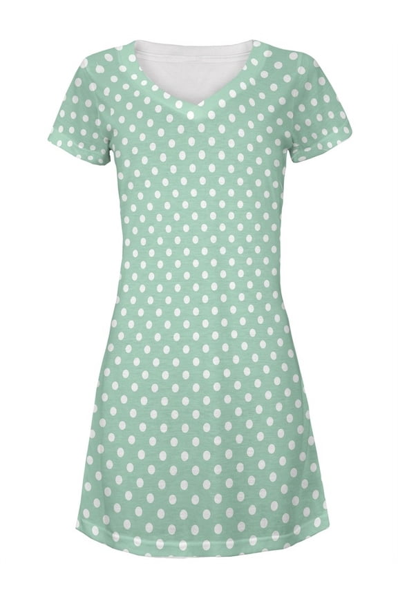 Green and White Polkadots All Over Juniors V-Neck Dress